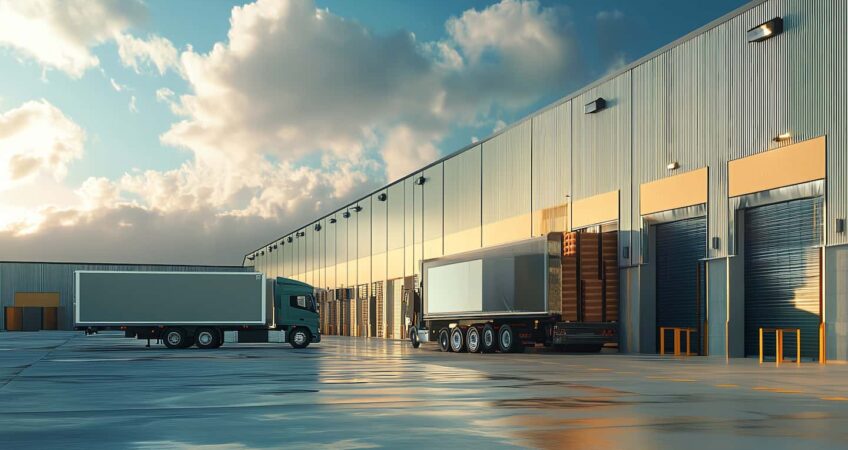 Trucks at distribution hub container unpacking